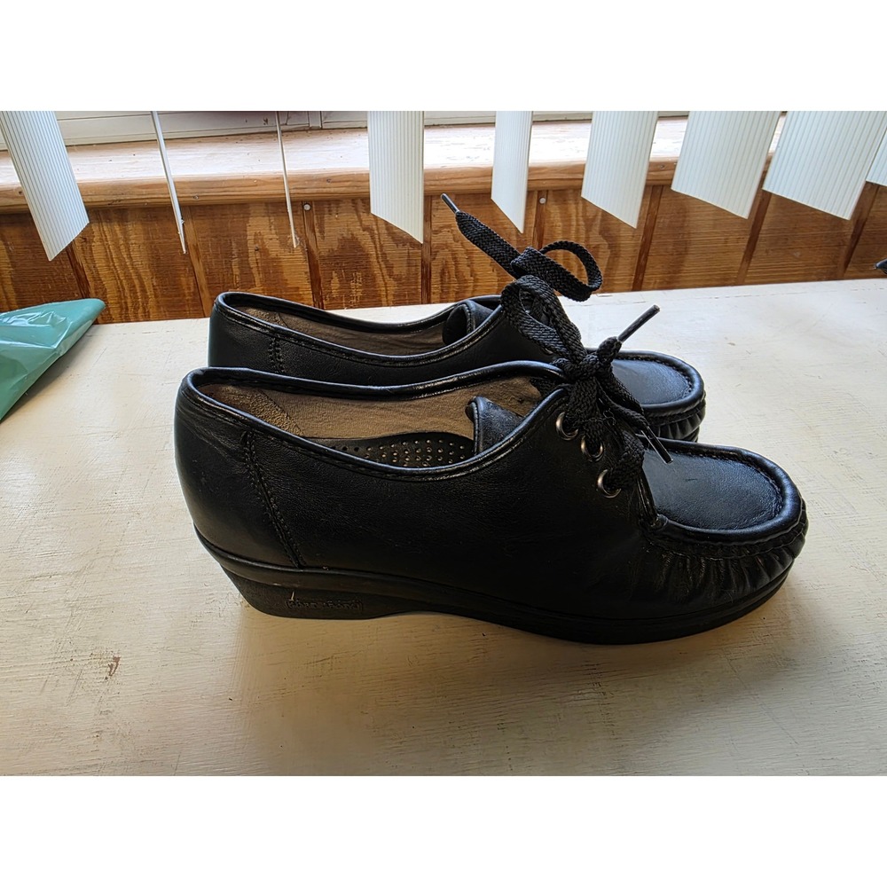 Soft Spots Velvet Hi Black Leather Lace Up Moc Toe Wedge Shoes Womens 6.5 M